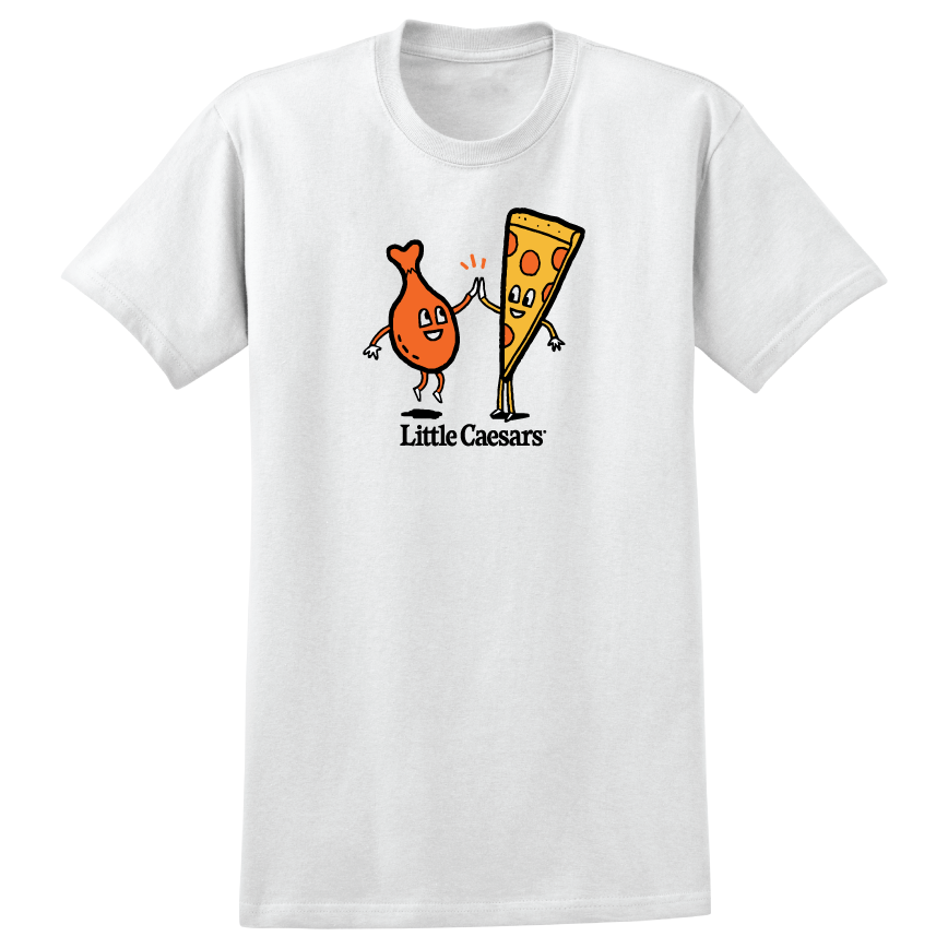 Unisex t-shirt product front image with chicken wing and pizza slice high five design.