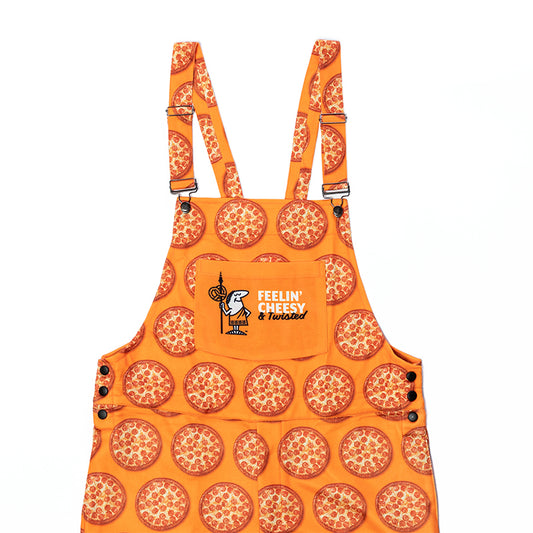 Close up unisex overalls front image with feeling cheesy design and pretzel crust pizza pattern.