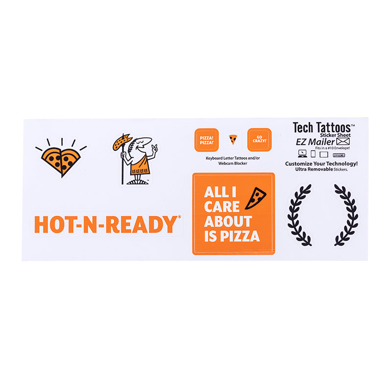 Sheet of tech stickers. Pizza Heart sticker, little caesar peace sign sticker,Hot-N-Ready® sticker, laurels sticker, Pizza!Pizza!® sticker, Pizza slice sticker, Go Crazy! sticker, and all I care about is pizza sticker.