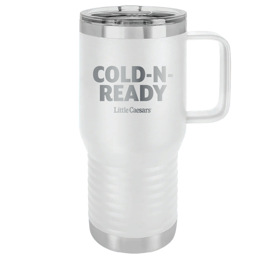White tumbler with engraved Cold-N-Ready logo.