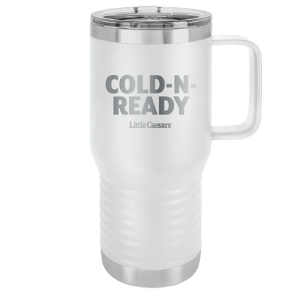 White tumbler with engraved Cold-N-Ready logo.