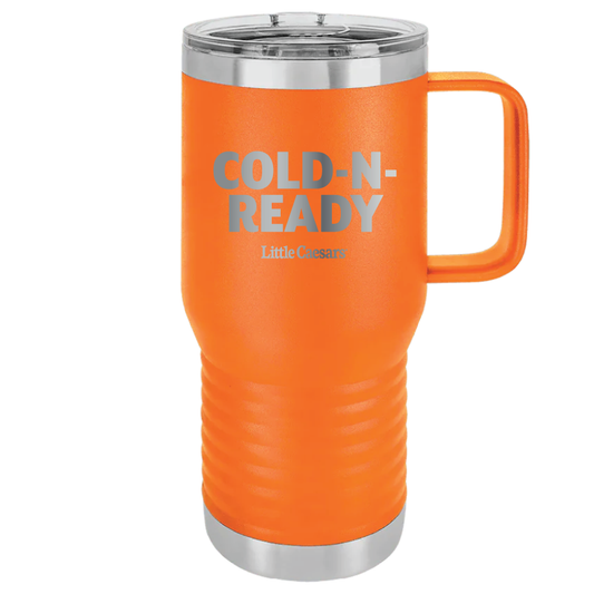 Orange tumbler with engraved Cold-N-Ready logo.