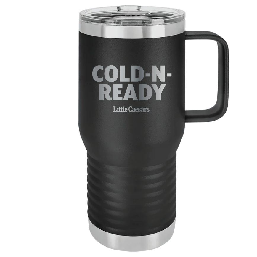 Black tumbler with engraved Cold-N-Ready logo.