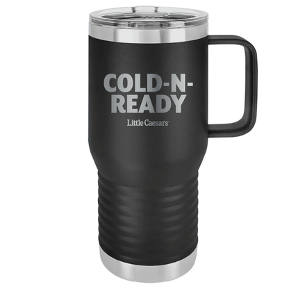 Black tumbler with engraved Cold-N-Ready logo.
