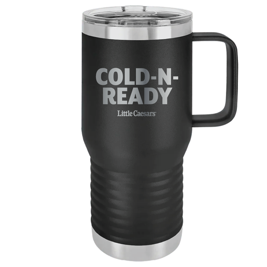 Black tumbler with engraved Cold-N-Ready logo.