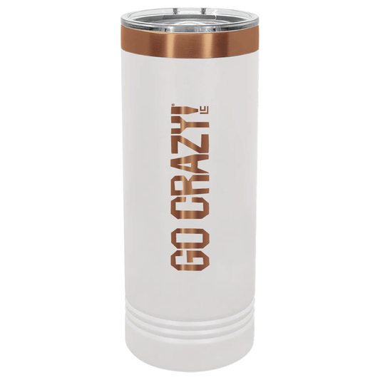 Tumbler product front image with laser engraved Go Crazy!® vertical design.