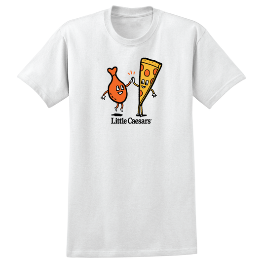 Unisex t-shirt front image with chicken wing and pizza slice high five design.
